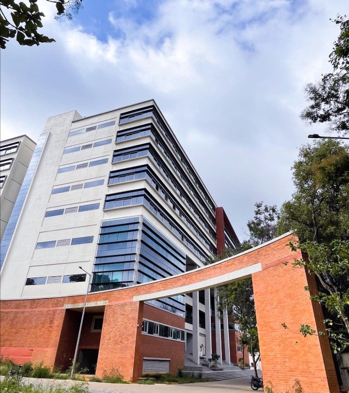 The TCS Smart-X Hub (TSH) Building on the IISc campus, seen from the brick archway at its entrance